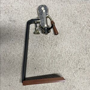 Estate Vintage-Style Brass and Wood Mounted Corkscrew with Black Metal Stand